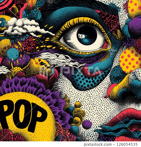 Pop art eye blowing colorful psychedelic clouds in a surreal pop art composition 126054535