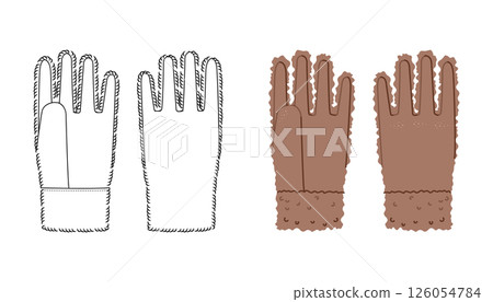 Fluffy Gloves Mocha Mousse cartoon and flat sketch outline Fashion hand accessory clothing technical illustration. Fluffy Gloves Mocha Mousse cartoon and flat sketch outline Fashion hand accessory clothing technical illustration. 126054784
