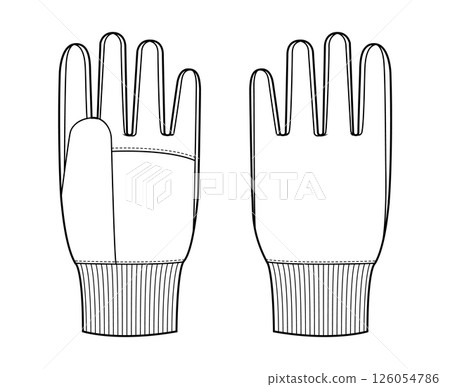 Winter Gloves with elasticated cuffs Fashion hand accessory clothing technical illustration garment. Vector front palm Winter Gloves with elasticated cuffs Fashion hand accessory clothing technical illustration garment. Vector front palm 126054786