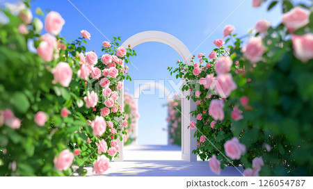 A walkway with an arch decorated with roses 126054787