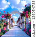 A path of white columns decorated with blooming roses 126054788