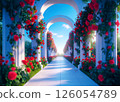 A path of white columns decorated with blooming roses 126054789