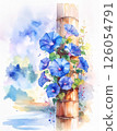 Blue morning glory flowers entwined around bamboo 126054791