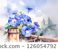 Blue morning glory flowers entangled in a bamboo fence 126054792