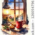 Warm drinks and cookies on a windowsill 126054796