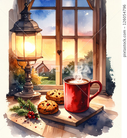 Warm drinks and cookies on a windowsill 126054796