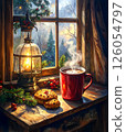 Warm drinks and cookies on a windowsill 126054797