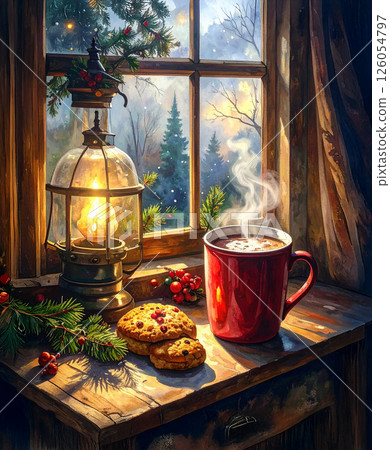 Warm drinks and cookies on a windowsill 126054797