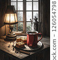 Warm drinks and cookies on a windowsill 126054798