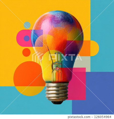 Colorful light bulb representing creative idea generation on geometric background Colorful light bulb representing creative idea generation on geometric background 126054964