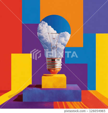 Light bulb with cloud inside symbolizing innovative green energy on colorful background 126054965