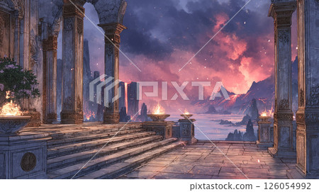 雄偉的柱廊、夢幻般的山景和火紅的天空 雄偉的柱廊、夢幻般的山景和火紅的天空 126054992