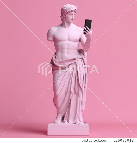 Pink greek statue using smartphone on pink background 126055018