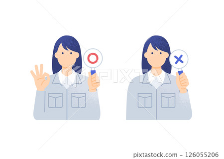 在建築業工作的婦女。一位身著工作服的女現場主管手裡拿著一張「是」或「否」卡片。可愛的向量插圖素材。 在建築業工作的婦女。一位身著工作服的女現場主管手裡拿著一張「是」或「否」卡片。可愛的向量插圖素材。 126055206