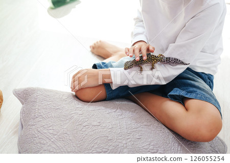 Child gently holding a leopard gecko while sitting on a cushion in a bright indoor space during the day Child gently holding a leopard gecko while sitting on a cushion in a bright indoor space during the day 126055254