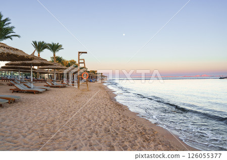 Beachfront view at sunrise with lounge chairs and palm trees in a tranquil coastal setting Beachfront view at sunrise with lounge chairs and palm trees in a tranquil coastal setting 126055377