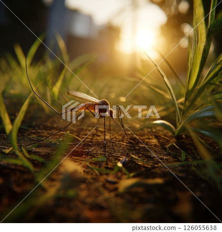 Mosquito standing on ground with plants at sunset 126055638