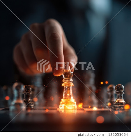 Businessman playing chess, making strategic move with king piece 126055664