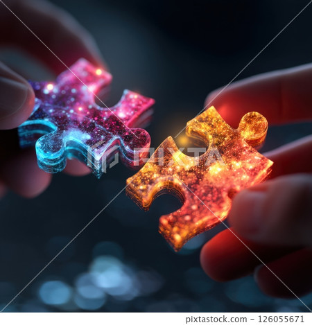 Business people joining two glowing puzzle pieces, teamwork and collaboration 126055671