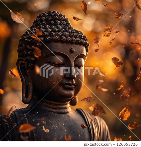 Buddha statue meditating peacefully as autumn leaves fall gently around Buddha statue meditating peacefully as autumn leaves fall gently around 126055726