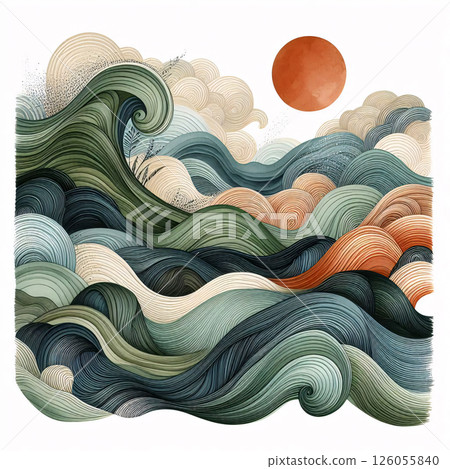 An abstract pattern that resembles flowing watercolor waves, it is bright and kinetic. 126055840