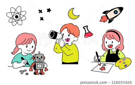 參與 STEAM 教育(機器人建造、觀星、繪畫)的兒童插圖集 參與 STEAM 教育(機器人建造、觀星、繪畫)的兒童插圖集 126055920