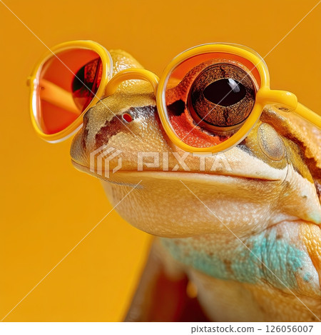 Stylish frog wearing trendy sunglasses on vibrant yellow background 126056007
