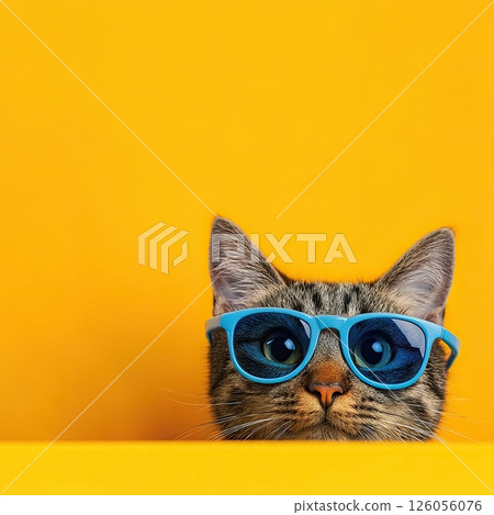 Stylish cat wearing blue sunglasses on vibrant yellow background 126056076