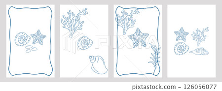 Marine elements doodle style poster set blue la dolce vita. Italian style. Undersea world. Menu design of postcard and poster. Vector illustration. Marine elements doodle style poster set blue la dolce vita. Italian style. Undersea world. Menu design of postcard and poster. Vector illustration. 126056077