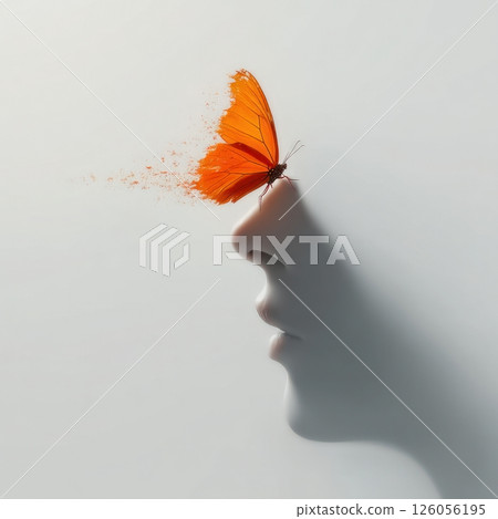 Orange monarch butterfly dissolving near face profile 126056195