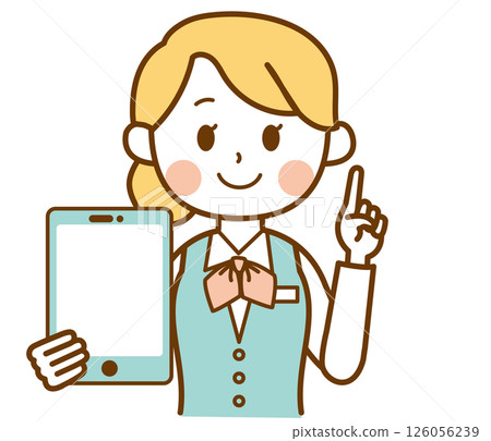 一位女接待員拿著平板電腦並解釋的插圖 一位女接待員拿著平板電腦並解釋的插圖 126056239