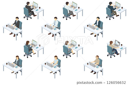等距插圖：一個人在辦公桌上使用電腦工作 126056632