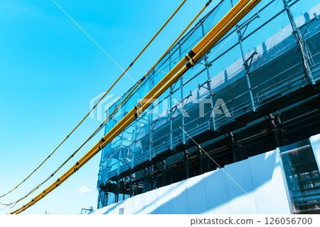 Railway viaduct construction Scaffolding and electric wire protection pipe Tokyo Higashimurayama Station area 2025.04 c-4 Light color 126056700