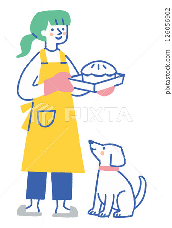 A woman holding a homemade cake and a dog looking up_Color 126056902