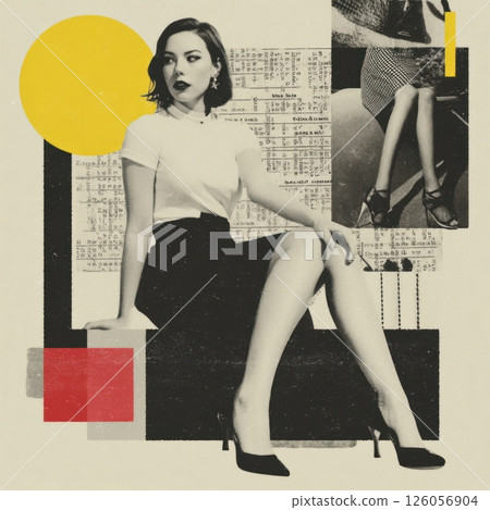 Elegant businesswoman posing in vintage collage with newspaper and geometric shapes Elegant businesswoman posing in vintage collage with newspaper and geometric shapes 126056904