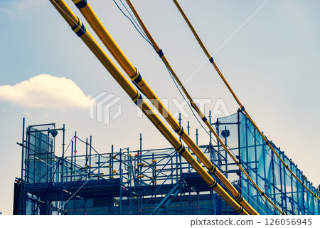 Railway viaduct construction, scaffolding and electric wire protection pipe, around Higashimurayama Station, Tokyo, April 2025, e-3, warm and cool colors Railway viaduct construction, scaffolding and electric wire protection pipe, around Higashimurayama Station, Tokyo, April 2025, e-3, warm and cool colors 126056945