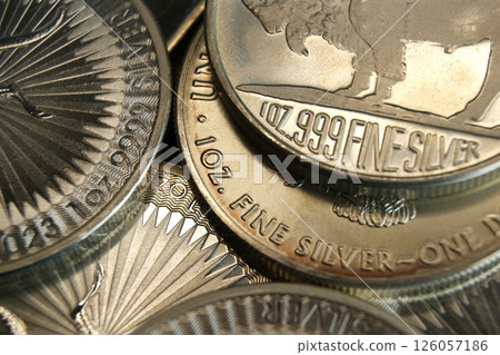 Pure silver investment coins. Close-up background. 126057186