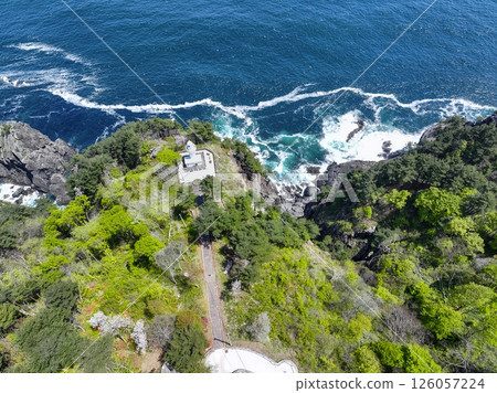 Aerial view of Iwate Prefecture: The white Kurosaki Lighthouse built on a 130m cliff, Iwate Prefecture 126057224