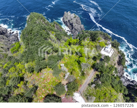 Aerial view of Iwate Prefecture: The white Kurosaki Lighthouse built on a 130m cliff, Iwate Prefecture 126057226