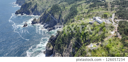 Aerial view of Iwate Prefecture: The white Kurosaki Lighthouse built on a 130m cliff, Iwate Prefecture 126057234