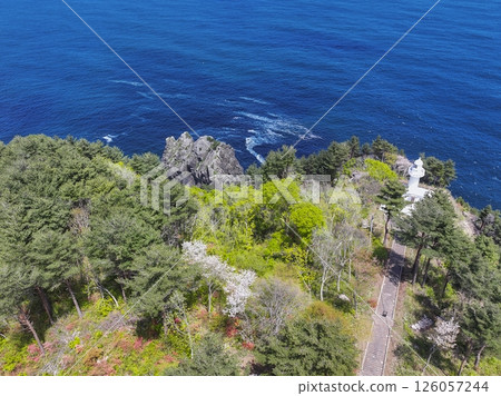 Aerial view of Iwate Prefecture: The white Kurosaki Lighthouse built on a 130m cliff, Iwate Prefecture Aerial view of Iwate Prefecture: The white Kurosaki Lighthouse built on a 130m cliff, Iwate Prefecture 126057244