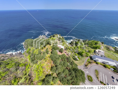 Aerial view of Iwate Prefecture: The white Kurosaki Lighthouse built on a 130m cliff, Iwate Prefecture Aerial view of Iwate Prefecture: The white Kurosaki Lighthouse built on a 130m cliff, Iwate Prefecture 126057249