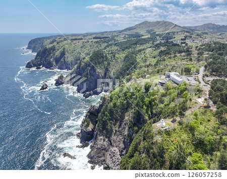 Aerial view of Iwate Prefecture: The white Kurosaki Lighthouse built on a 130m cliff, Iwate Prefecture Aerial view of Iwate Prefecture: The white Kurosaki Lighthouse built on a 130m cliff, Iwate Prefecture 126057258