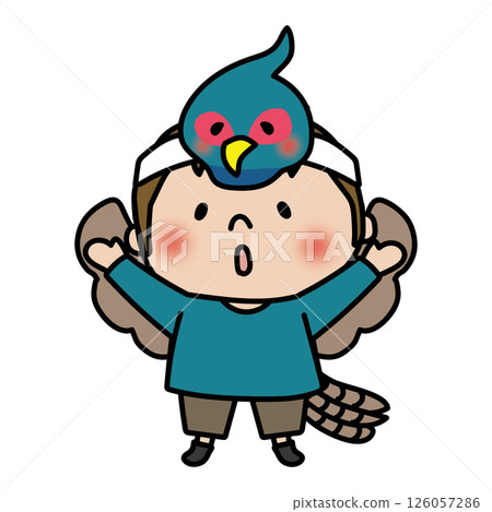 A boy wearing a pheasant mask at a play 126057286