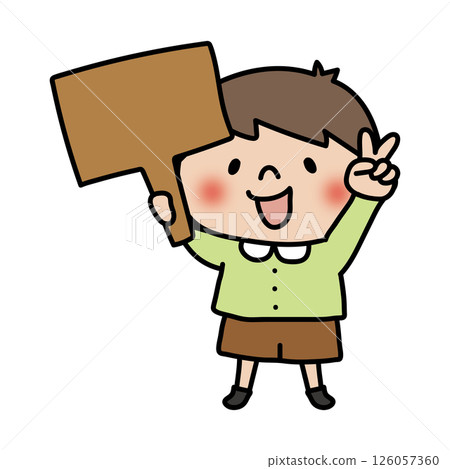 A boy holding a sign making a peace sign 126057360