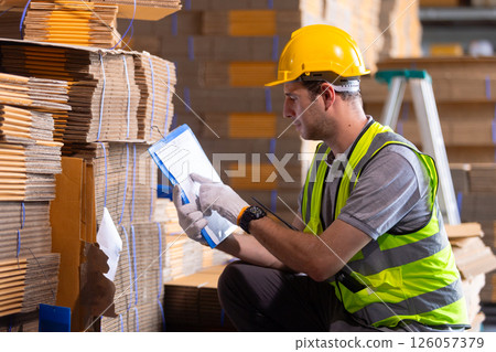man paper warehouse worker take note on clipboard checking inspecting quality cardboard corrugated carton in storage. Large industry in paper product line manufacturing. man paper warehouse worker take note on clipboard checking inspecting quality cardboard corrugated carton in storage. Large industry in paper product line manufacturing. 126057379