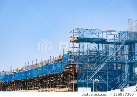 Railway viaduct construction Scaffolding and protective curtains Around Higashimurayama Station, Tokyo 2025.04 a-1 126057390