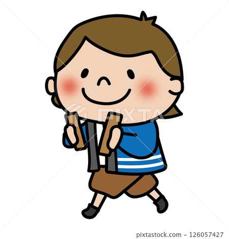 A child (girl) holding a wooden clapper and warning people to be careful of fire 126057427