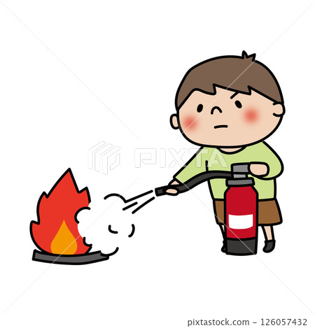 A boy practicing extinguishing a fire with a fire extinguisher A boy practicing extinguishing a fire with a fire extinguisher 126057432