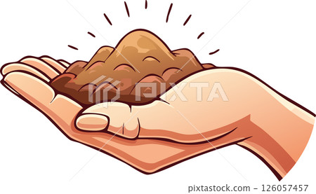 Flat design of a hand presenting soil as a symbol of agriculture growth and sustainability with clean lines on white background 126057457